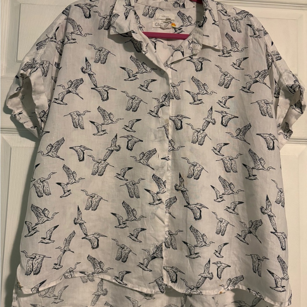 C&C California White Linen Shirt with Navy Bird Print